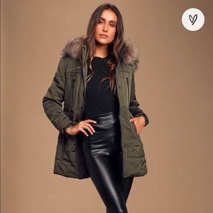 Snowpack Faux Fur Hooded Zipper Pockets Olive Green Coat Puffer Jacket Small